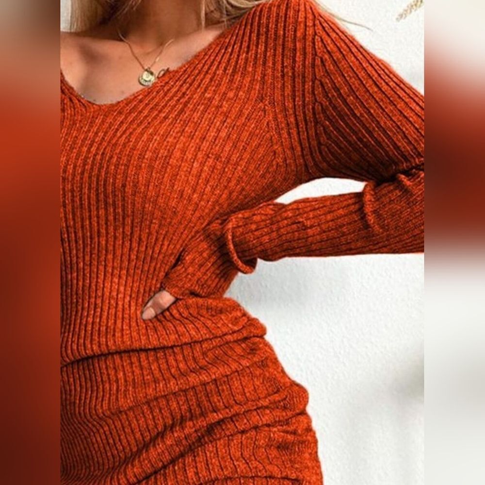 Casual Ruched Sweater Dress Ribbed Knit Drawstring Bodycon Hot Pink size Lg - Picture 5 of 10